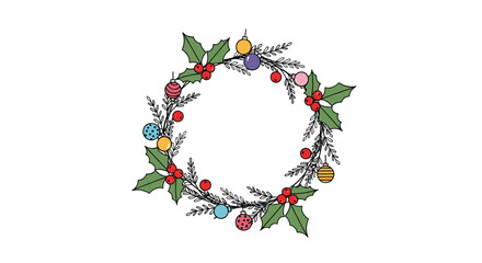 Traditional Christmas wreath adorned with festive holly leaves bright red berries and colorful hanging ornaments.