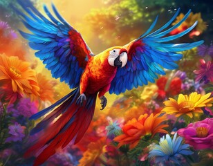 colorful parrot flying through vibrant flowers