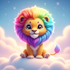 Obraz premium Adorable baby lion with a rainbow mane sitting on fluffy clouds in a whimsical sky with sparkling stars
