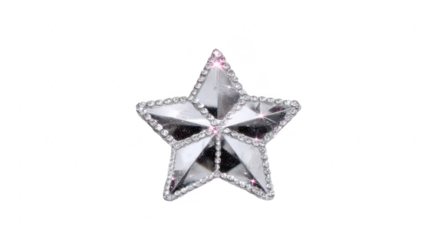 Shiny silver star ornament with reflective surface and sparkling rhinestone border, isolated on transparent background, perfect for festive decoration, celebration, or holiday design projects