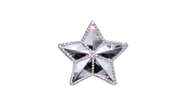 Shiny silver star ornament with reflective surface and sparkling rhinestone border, isolated on transparent background, perfect for festive decoration, celebration, or holiday design projects