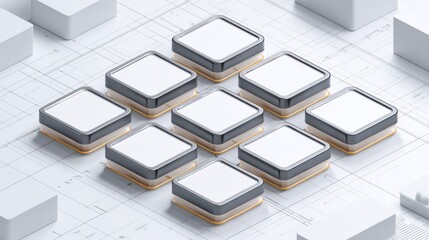 Isometric square technology modules on blueprint background. AI generative