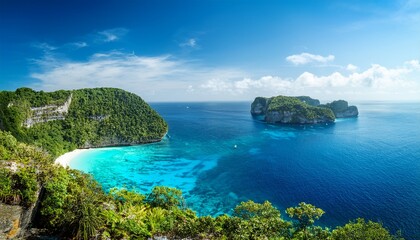 crystal clear blue seas embrace verdant island cliffs in a tropical haven