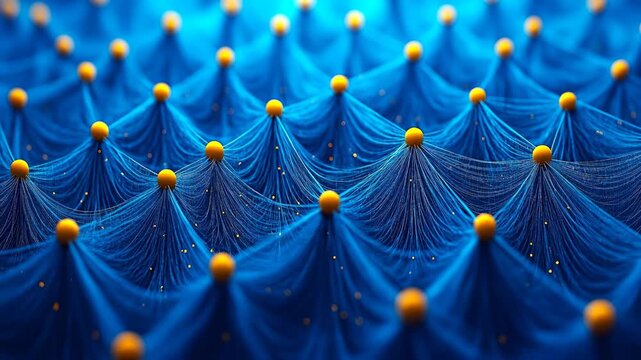 Blue threads form a repetitive pattern with yellow dots placed in between. The scene shows a close-up view that highlights the texture and arrangement of these elements.