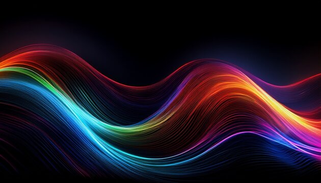 wave of colorful light line trails of blue red green purple and orange in pitch black background for technology futuristic abstract concept
