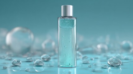Clear cosmetic gel bottle with water droplets on turquoise background. AI generative