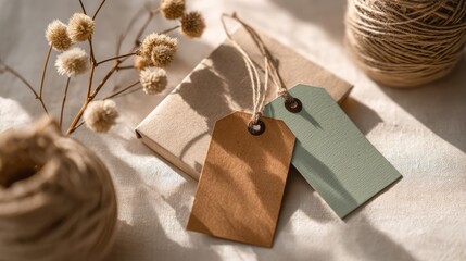 Minimal gift tags on rustic kraft gift box in warm sunlight. AI generative
