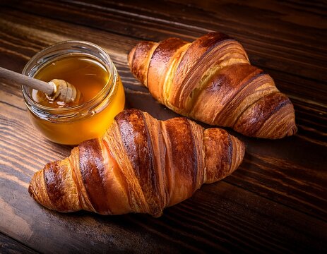 a pair of croissants alongside a jar of honey on a wooden surface featuring blank space
