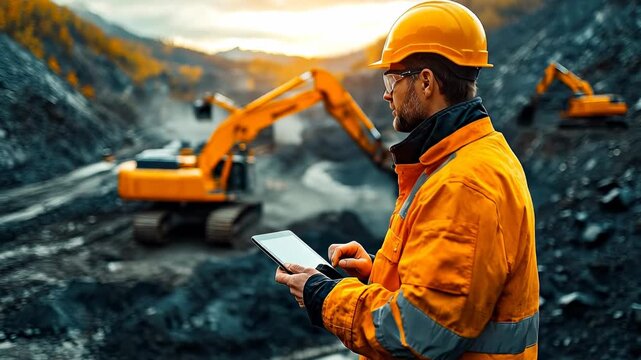 Construction worker uses a tablet at a work site while heavy machinery operates in the background under a sunset sky. The worker wears safety gear and focuses on the device.