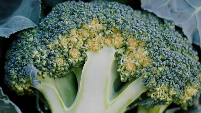 Video Fresh broccoli close-up with green florets and white stalks