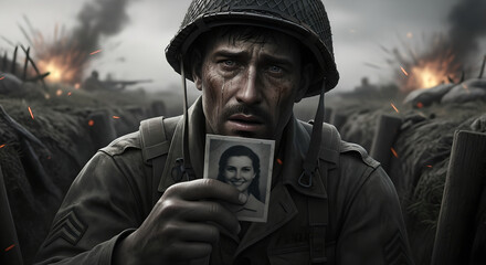 Soldier holding photograph of smiling woman in wartime trench. Emotional battlefield memory symbolizing love and sacrifice during combat. Historical war remembrance and human connection theme.