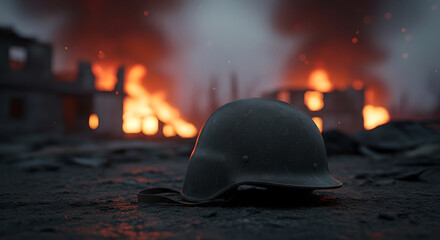 Military helmet on rubble in front of burning ruins. Scene of urban war destruction and aftermath. Concept of conflict devastation and battlefield remnants