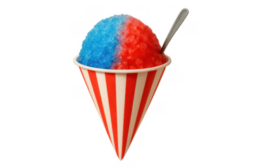 Refreshing red and blue shaved ice in striped paper cup, a sweet summer treat on transparent background
