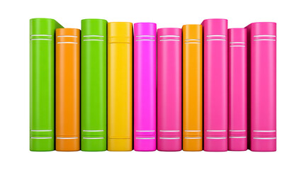 Colorful books standing upright in row, featuring green, yellow, orange, and pink covers, isolated on transparent background, creating cheerful and organized library or study atmosphere