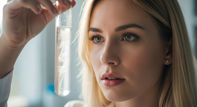 Woman scientist examining clear liquid in glass test tube. Laboratory research and chemical analysis. Scientific experimentation and discovery in modern biology lab.