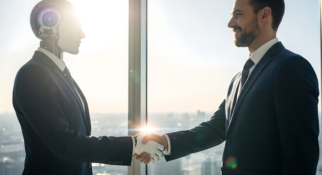 Businessman shaking hands with humanoid robot in modern office. Man collaborating with artificial intelligence partner. Future technology integration and human-machine cooperation in corporate