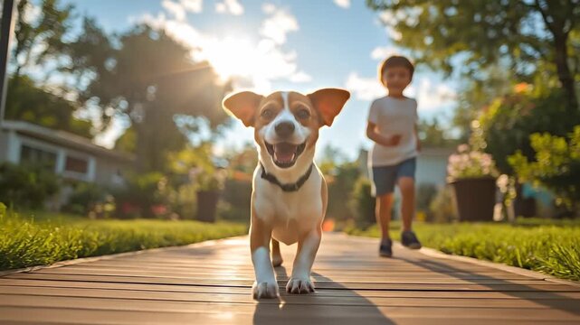 A boy runs joyfully alongside a dog on a wooden path in a backyard. The sun shines brightly in the background, creating a fun atmosphere for both the child and the dog.