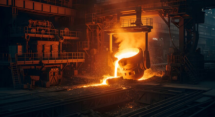 Molten metal pouring from large ladle in steel foundry. Fiery orange glow illuminates industrial machinery and cranes during casting process. Heavy manufacturing concept in metallurgy and production