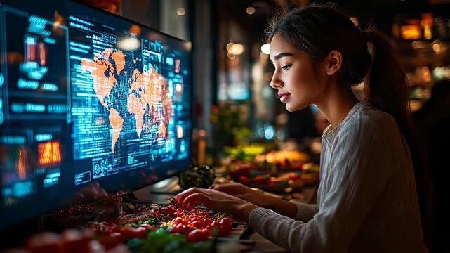 A woman sits at a table covered with food items, focused on a digital screen showing data and maps. The scene is set indoors during evening hours.