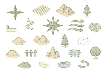 Ancient Cartographic Symbols. Isometric vector illustration set Forgotten cartographic marks: ancient map symbols, etched