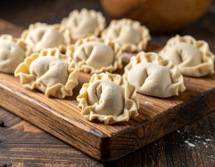 A close-up of delicate, folded Varenyky dumplings arranged neatly on a wooden board, ready for boiling or frying.