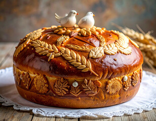 A perfectly baked, rustic Korovai wedding bread is decorated elaborately with doves and intricate, symbolic wheat designs.
