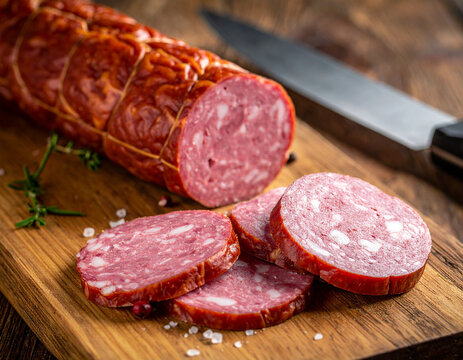 A generous serving of savory Kovbasa smoked sausage is sliced neatly on a butcher block, next to a sharp knife.