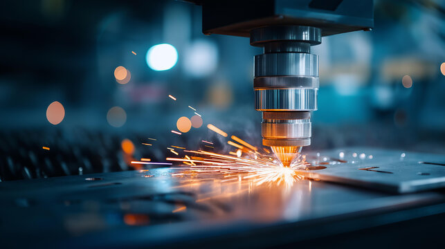 Macro CNC laser machine cutting sheet metal light spark production technology plasma industrial blue steel color processing manufacturing banner operation defocused workshop - Powered by Adobe