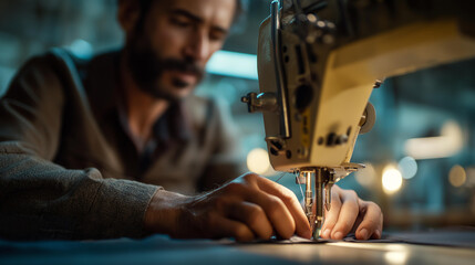 Faceless man hands working at sewing machine operation textile manufacturing process garment production work industrial stitching equipment fabric assembly task