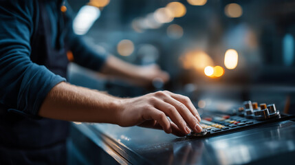 Faceless operator hands at CNC milling machine controls processing and laser cutting metal industrial motion blur machine tools exhibition manufacturing technology showcase