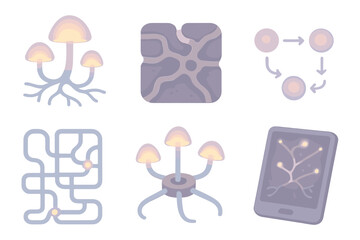 Glowing Mycelium Network. Isometric vector illustration set of subterranean mycelium network: glowing mushroom nodes, underground