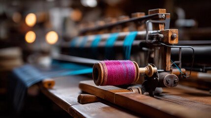 Traditional weaving wooden machine in Cambodia textile production equipment cultural manufacturing craft fabric creation process artisan industry machinery defocused workshop