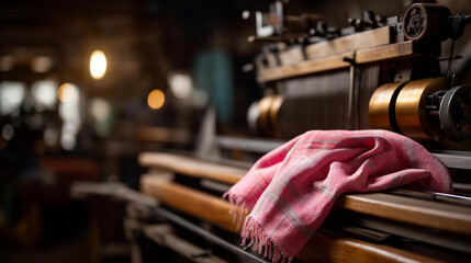 Traditional weaving wooden machine in Cambodia textile production equipment cultural manufacturing craft fabric creation process artisan industry machinery defocused workshop