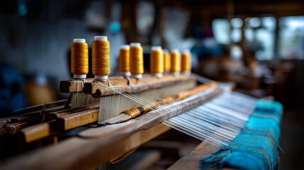 Traditional weaving wooden machine in Cambodia textile production equipment cultural manufacturing craft fabric creation process artisan industry machinery defocused workshop
