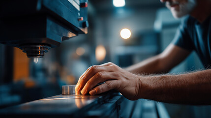 Faceless industrial worker hands operating CNC machine metal machining industry production automated equipment control manufacturing fabrication process factory precision