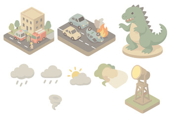 Miniature Monster Metropolis. Isometric vector illustration set Miniature giant monster city attack diorama: emergency scene base,