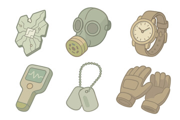 Post-Apocalyptic Relic Trade. Isometric vector illustration set Post-apocalyptic relic identification and trading: decrypted tech