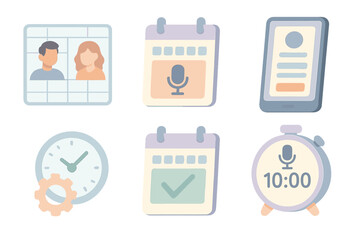 Podcast Scheduling Tools. Isometric vector illustration set Podcast guest booking and interview scheduling: host and guest avatar