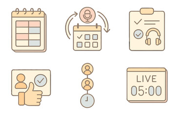 Podcast Planning Essentials. Isometric vector illustration set Podcast guest booking and interview scheduling: studio day planner