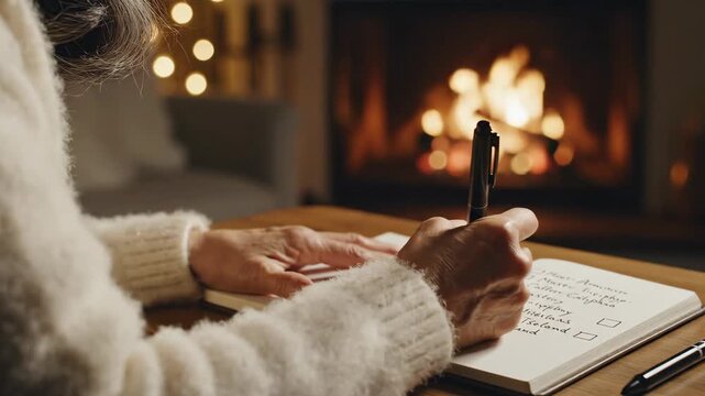 In a snug, softly lit room near a crackling fire, a person pens personal notes filled with dreams and memories. The warm glow creates a serene atmosphere perfect for reflection and creativity.