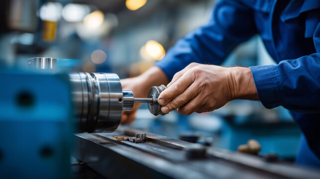 Faceless experienced worker hands changing lathe machine tool setup industrial equipment maintenance manufacturing machinery adjustment production process optimization