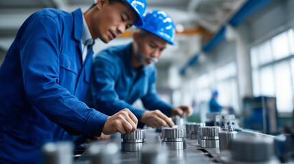 Faceless factory workers and engineers in production facility manufacturing technology network smart factory automation industrial teamwork collaboration supply chain