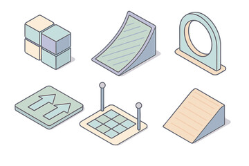 Drone Racing Course Design. Isometric vector illustration set Drone racing obstacle course design: modular obstacle block set,