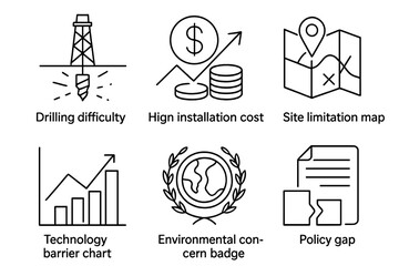 Geothermal Innovation Icons. Line style icons of geothermal innovation challenges: drilling difficulty icon, high installation