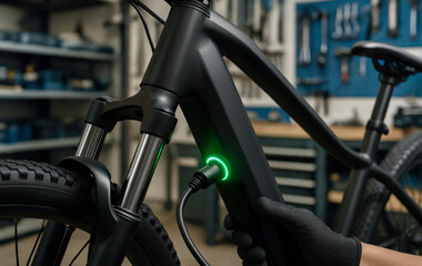 A mechanic in black gloves plugs a charging cable into an e-bike frame, with a green light glowing in a workshop highlighting modern technology.