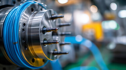 Fototapeta premium Close up view of shiny metal injection molding tool industrial die with blue hoses manufacturing machine component plastic production equipment factory machinery detail