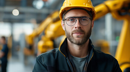 Faceless male automation engineer in uniform and helmet safety inspection control heavy machine robot arm system industrial factory operation technician repair check work