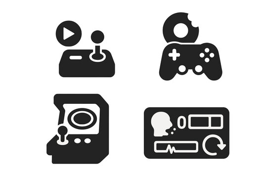 Gameified Reverse Eating Icons. Solid style icons of gameified reverse eating: rewind button joystick, gamepad with snack loop,