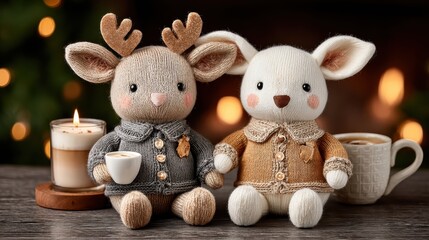 Cozy knitted animal figures, a reindeer and a rabbit, bring warmth with a candle and mugs of coffee in a festive, inviting scene.