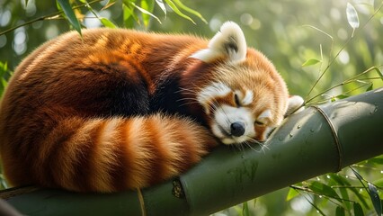 Adorable red panda sweetly sleeping on a bamboo branch in a lush green forest, bringing a sense of tranquility and the beauty of nature